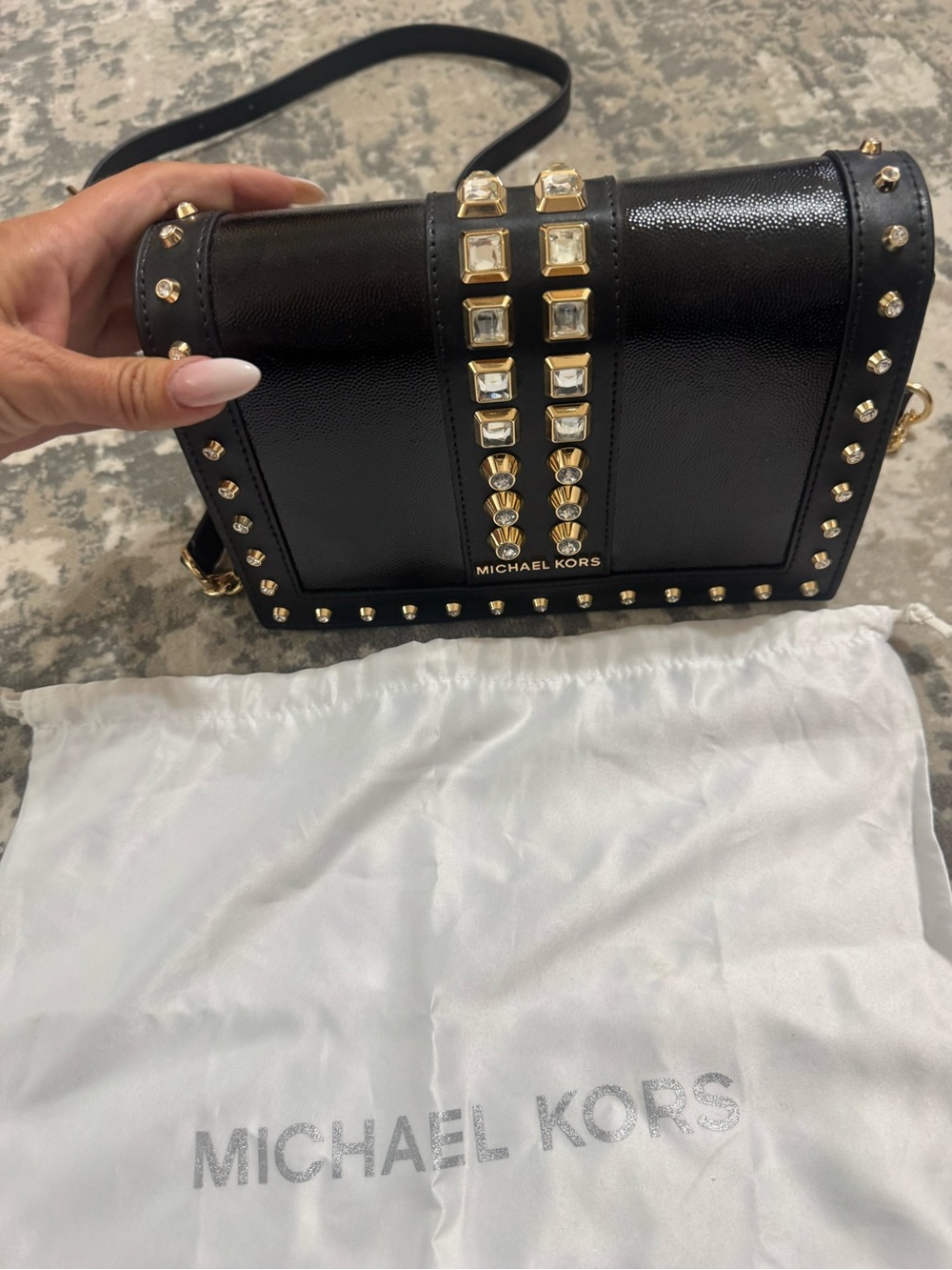 Michael Kors Black Jet Set Leather Studded Crossbody with Crystal Accents